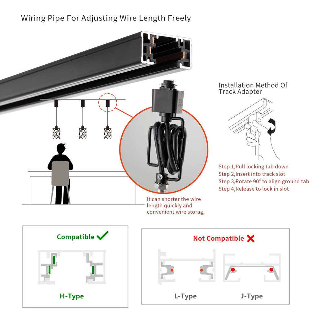 H-Type Black Track Lighting Pendant with Dotted Cage Clear Glass, Adjustable Hanging Light, E26 Socket, Pack of 3