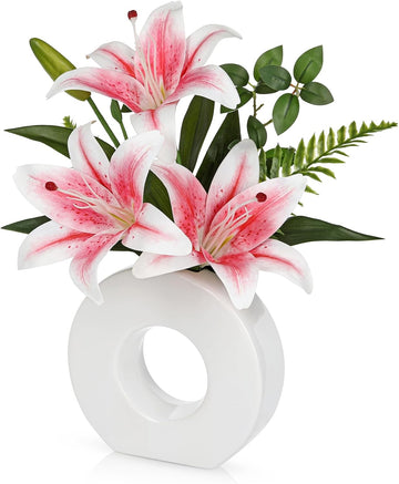 Faux Lily Pink 13" Artificial Flower in Vase for Wedding Home Decoration - Set of 4