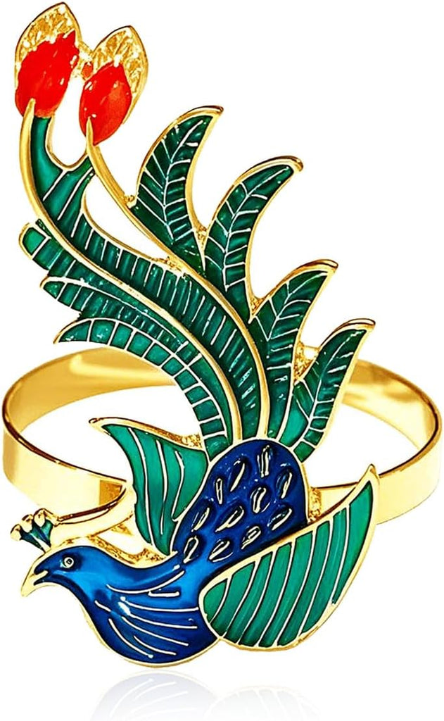 Peacock Napkin Rings Colorful Bird Napkin Holders for Fall Gatherings Christmas New Year Party Decor,Noble - Set of 6