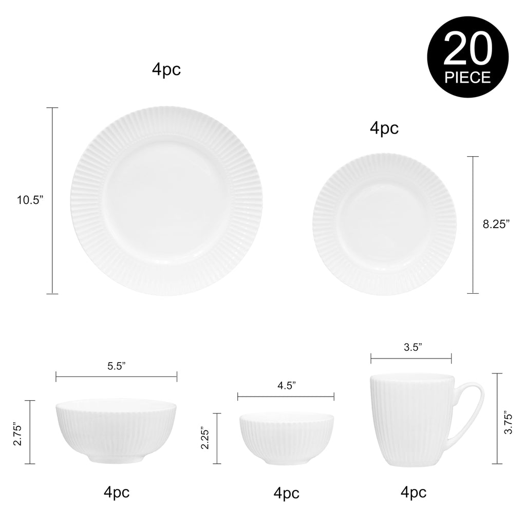 Bone China Dinnerware, 20PC Set, Service for 4, White Embossed, stripe, Microwave Safe, Translucent, Elegant