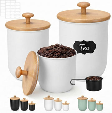 Metal Kitchen Canisters for Countertop Sugar Flour Canisters Set with Airtight Bamboo Lids Kitchen Jars - Set of 3