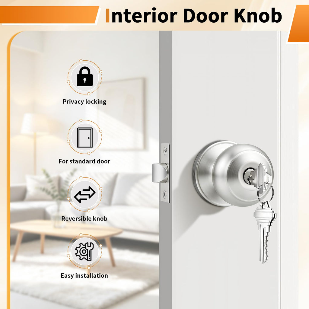 Keyed Alike Door Knobs with Lock and Key, Exterior Door Locks, Flat Ball Knob Style, Brushed Nickel, 5 Pack