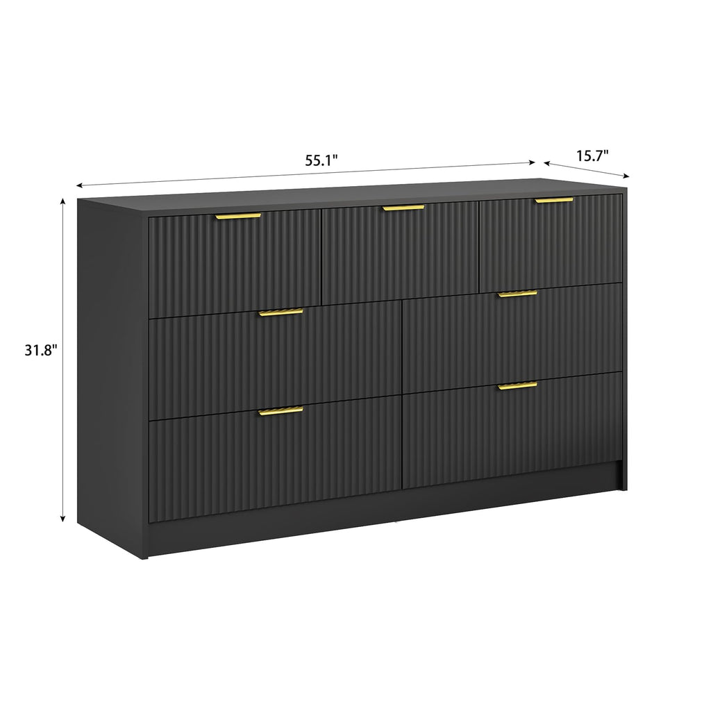 7 Drawer Fluted Dresser with Deep Drawers, Black丨55 Wide Mid Century Dresser, Modern Chest of Drawers, Wood TV Stand