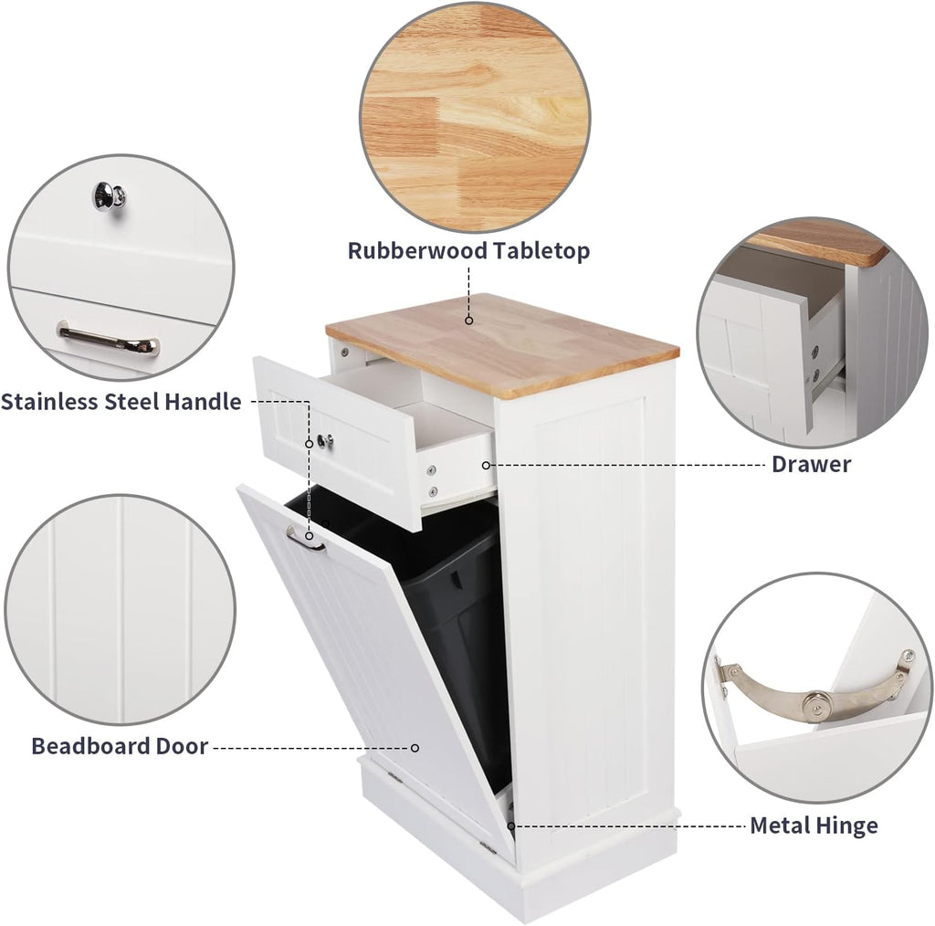 Tilt Out Trash Cabinet, Antique-Style Beadboard Kitchen Island with Solid Wood Tabletop & Drawer, Pet Proof Trash Can