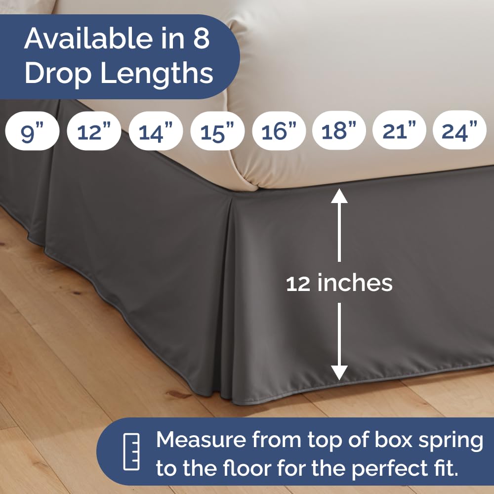 Pleated Bed Skirt - 3 Sided Pleated Bed Skirt - 12 Inch, Dark Grey