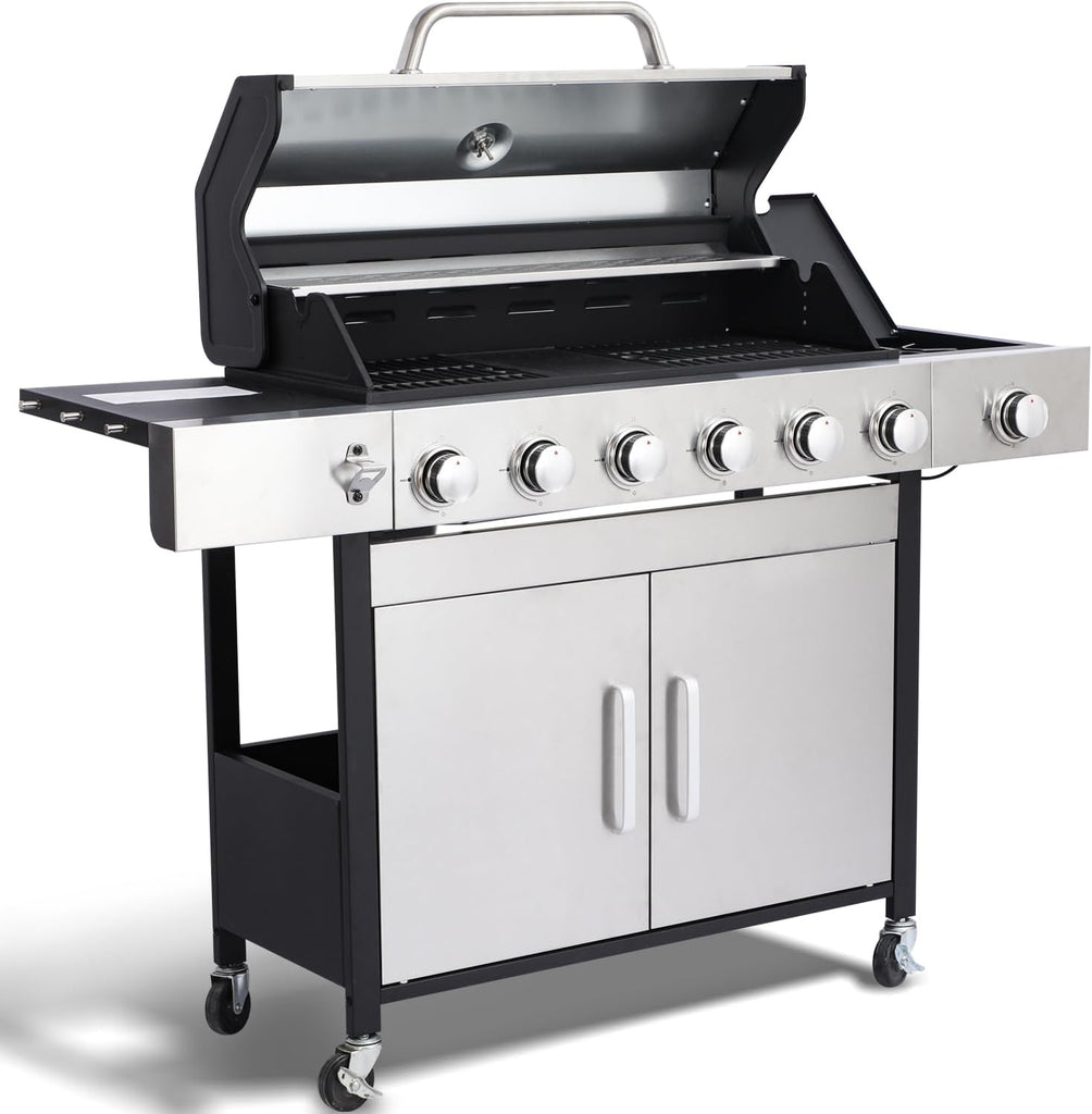 6-Burner Propane Gas Grill with Side Burner, 69,000 BTU BBQ Grill with Cast Iron Grates, Double-Layer Stainless Steel Lid and Grease Management System