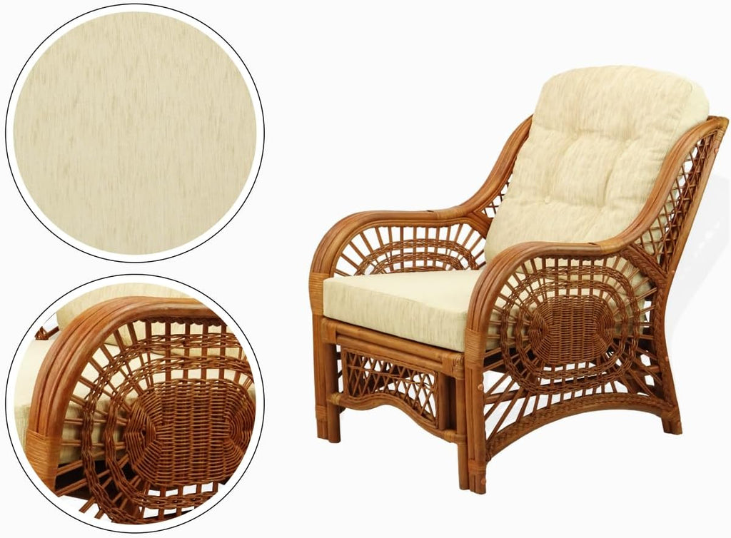 Malibu Lounge Set of 4: 2 Natural Rattan Wicker Chairs, Three-Seater Sofa with Cushions, and Coffee Table with Glass