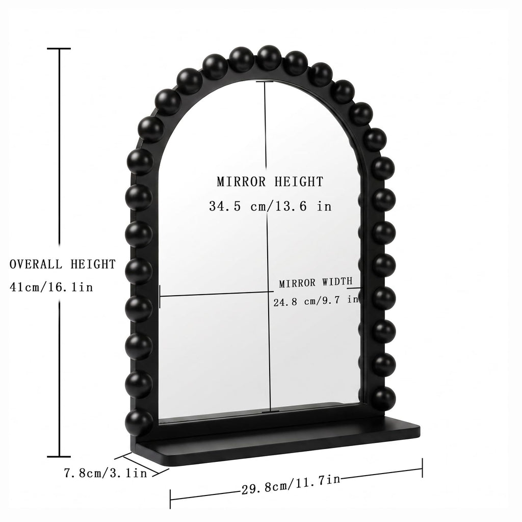 Arched Wall Mirror with Shelf, 12x16 Inch Wooden Bead Bathroom Mirror, Decorative Hanging Vanity Mirror, Black
