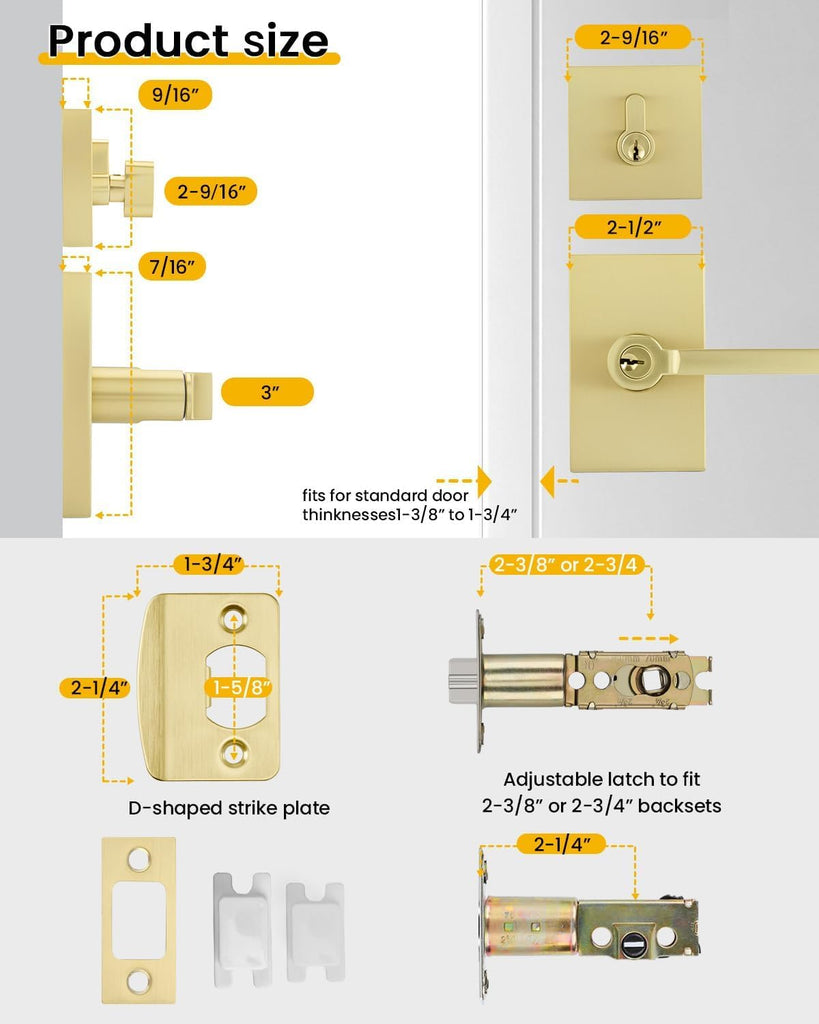 Gold Exterior Door Lock Set,Zinc-Alloy Front Door Handles,2 Pack