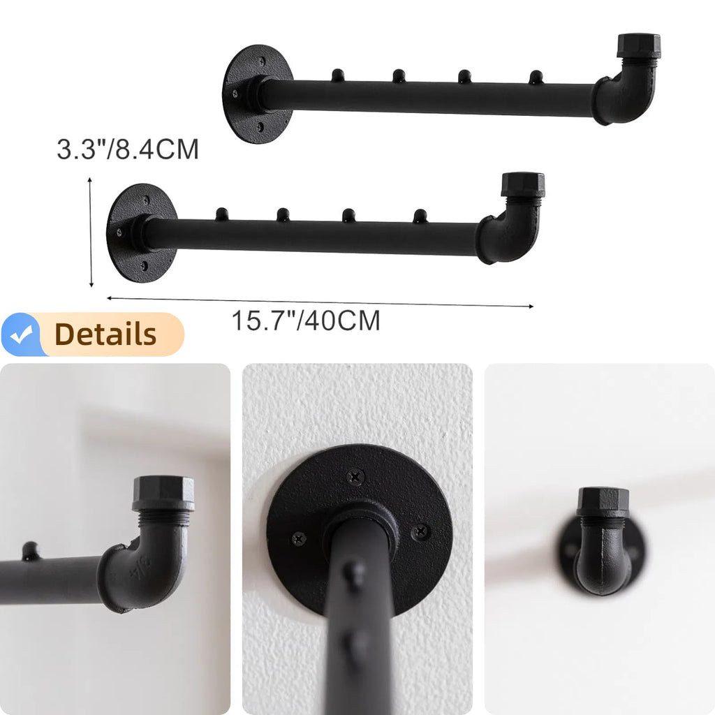 Industrial Wall Pipe Clothes Bar - Heavy Duty Coat Hanger with Hook, Wall-Mounted Garment Holder Racks, Wall Clothing