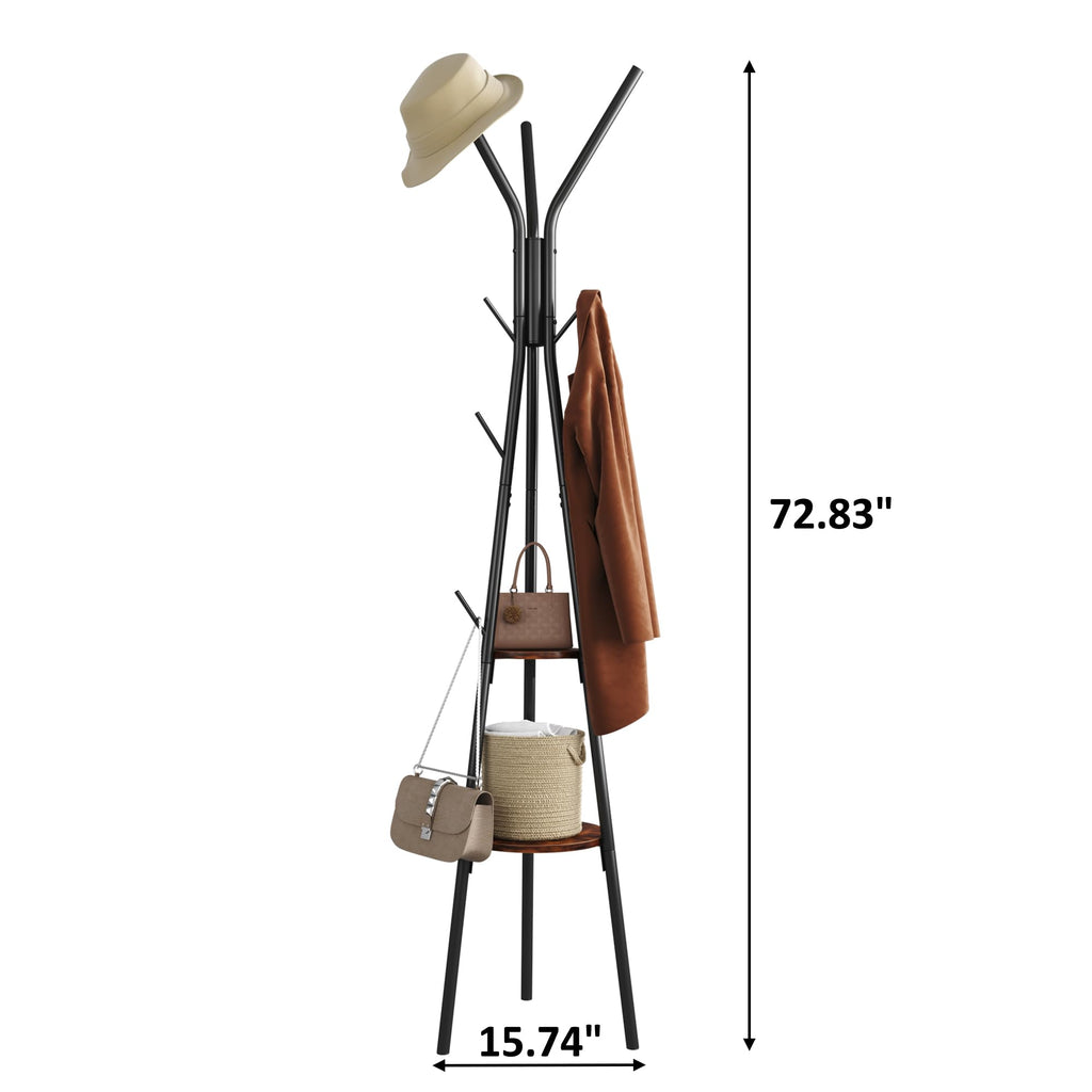 Coat Rack, Coat Hanger Stand with 2 Shelves, Freestanding Hall Tree, Metal Hat Hanger with 12 Hooks for Clothes Hats