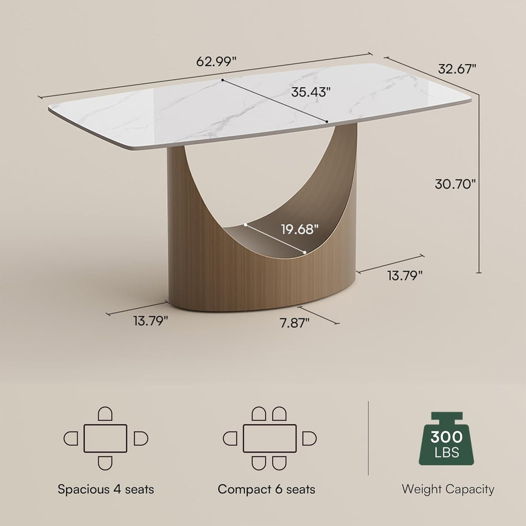 63" Modern Dining Table for 4-6, Hobart Rectangle Dining Table, Matte White Sintered Stone Dining Tabletop with