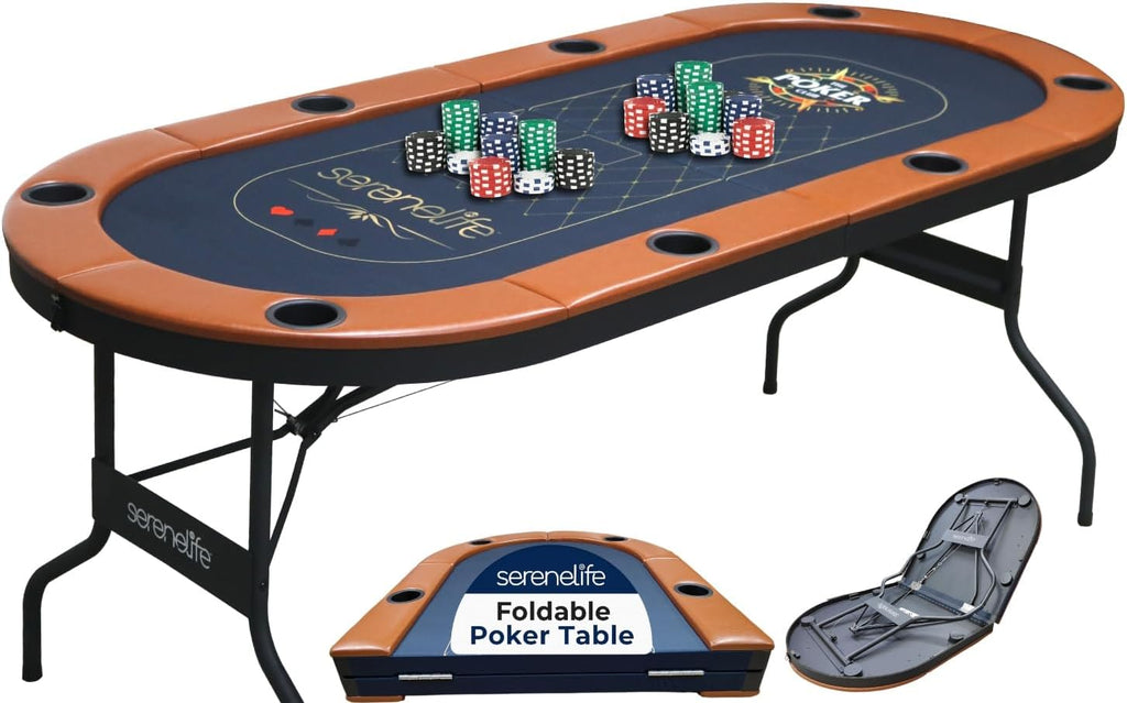8 Player Foldable Poker Table, 71 inch Portable Casino Table for Texas Holdem w/Cushioned Rail & Cup Holders, Folding