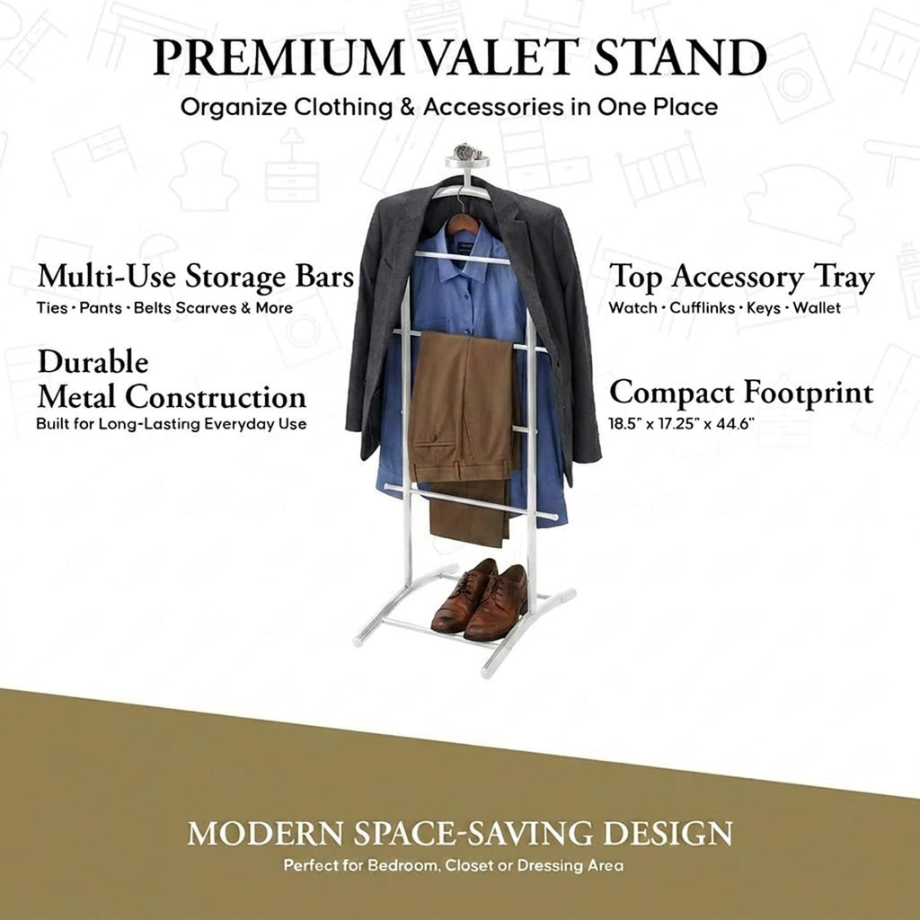 Freestanding Metal Suit Valet Stand with Tie Bar, White