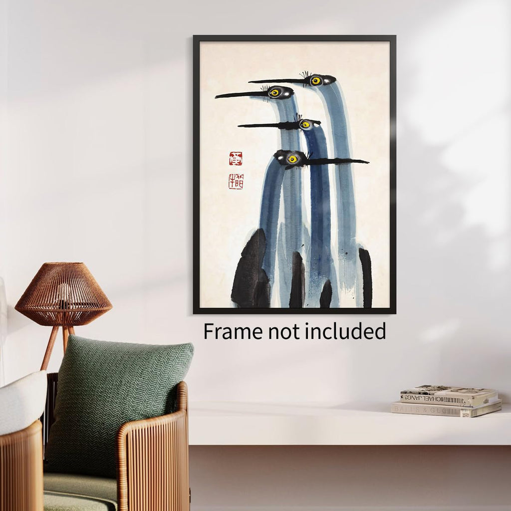 Vintage Japanese Crane Poster Antique Asian Bird Canvas Wall Art Blue Minimalist Animal Watercolor Prints for Country