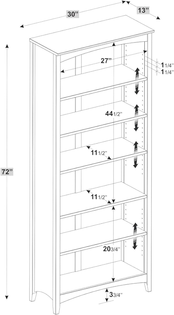 Shaker Style 6 Shelf Bookcase / Solid Wood / 72 inch Tall / Adjustable Shelving / Closed Back / Display Bookshelf