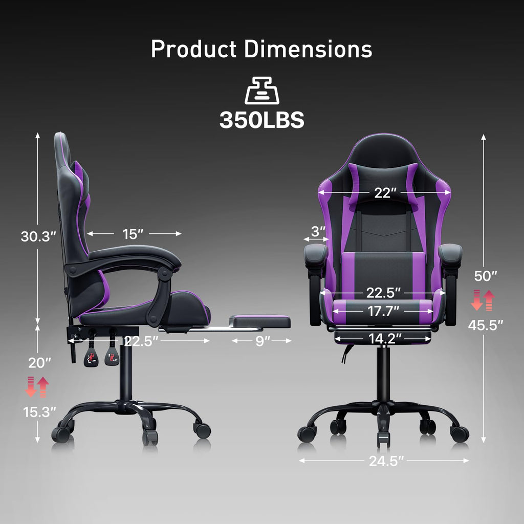 Gaming Chair, Footrest & Lumbar Support, Height Adjust, Purple