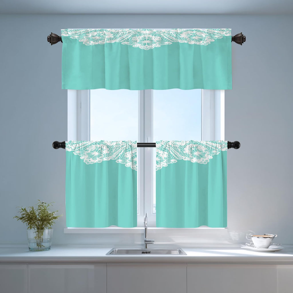 Robin's Egg Blue Turquoise Blackout Short Curtains for Windows, White Floral Lace Pattern Kitchen Valance Thermal