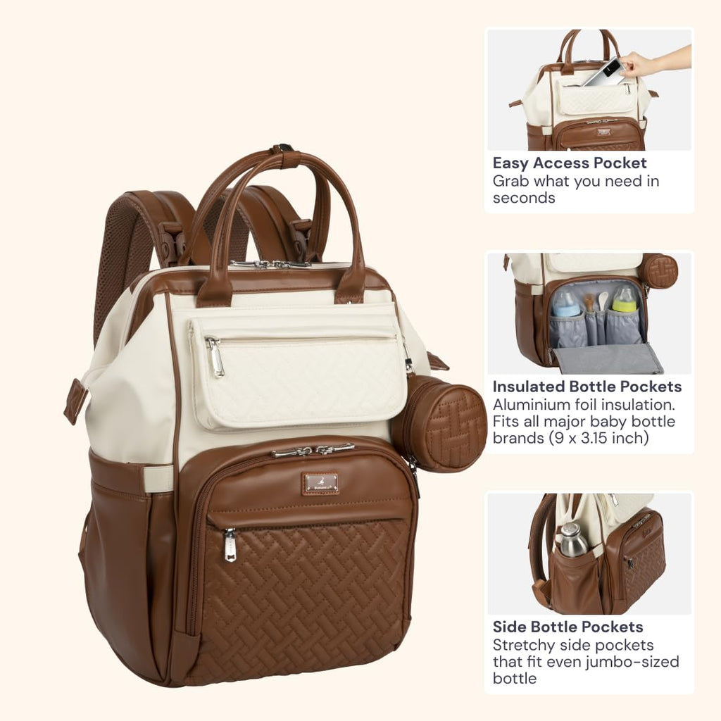 Leather Diaper Bag Backpack, Multifunction Large Bags with Changing Pad & Stroller Straps & Pacifier Case, Unisex