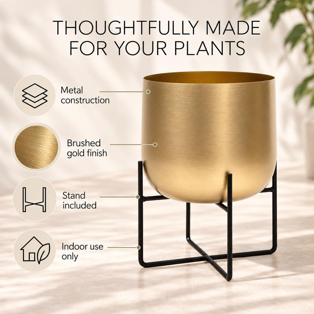 8.5 Inch Gold Metal Plant Stand with Pot - Indoor Planter, Large Flower Pot