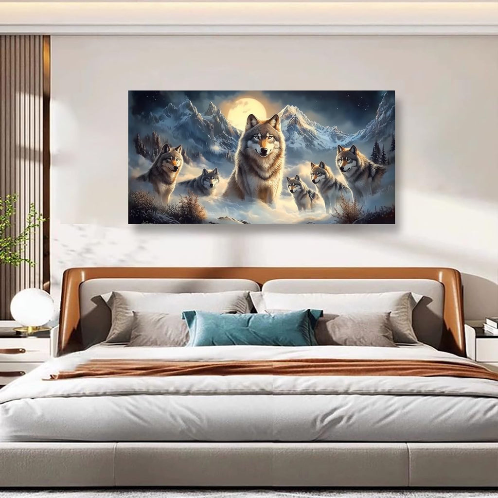 Framed Wolf Wall Art, 40x20 Inch Large Horizontal Mountain Moon Wolves Canvas Prints, Rustic Wildlife Nature Wall