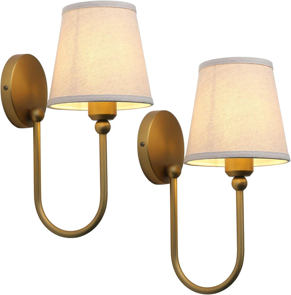 Antique Linen Fabric Wall Sconces Set of 2, Hardwired Curved Arm Bathroom Vanity Light, Indoor Wall Decor Lamp