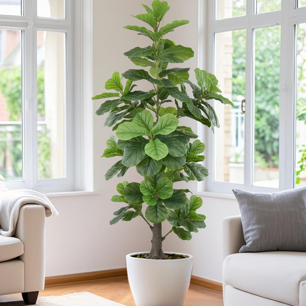 Artificial Fiddle Leaf Fig Tree 6FT(72in) Tall Faux Tree with Large Realistic Trunks and Big Leaves, Fake Floor