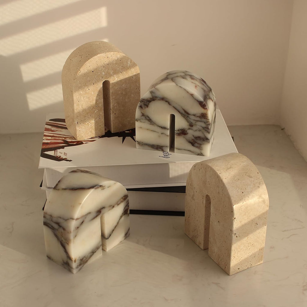 Set of 2 Natural Calacatta Viola Marble Bookends for Shelves, Decorative Book Ends for Heavy Books, Book Stopper