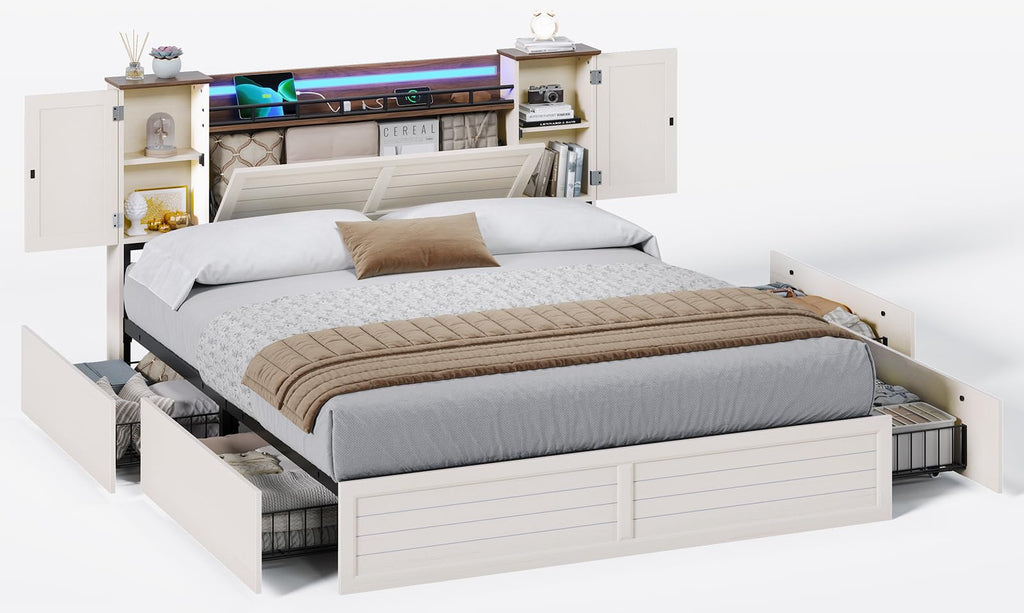 Farmhouse Bed Frame with Headboard and Double Barn Door Storage Cabinets, Rustic Wooden Bed Frame