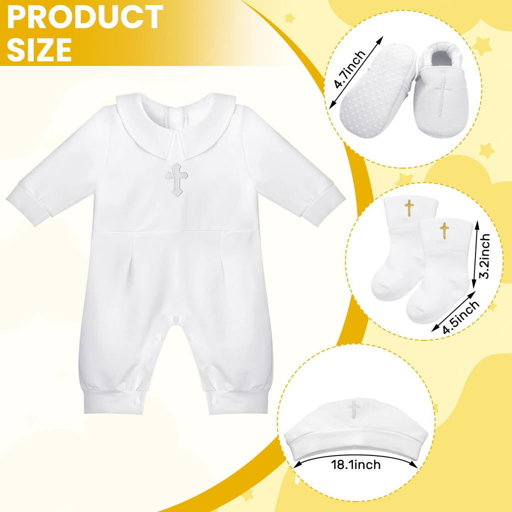 4 Pcs Baby Boy Baptism Outfits with Cross Christening Outfit Jumpsuit Hat Shoes Socks for Newborn Infant Boys(6-12