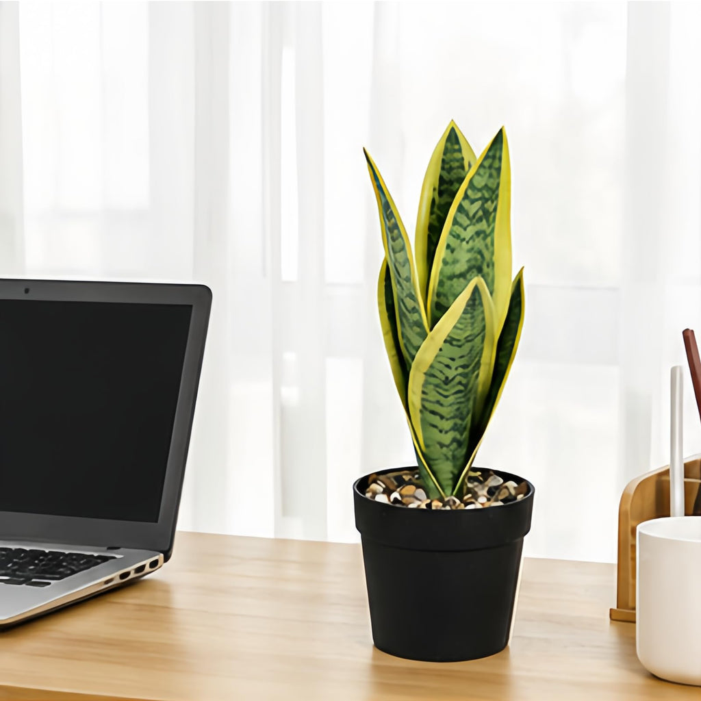 Mini plants Small Artificial Snake Plant in Black Pot 10.5" - Green