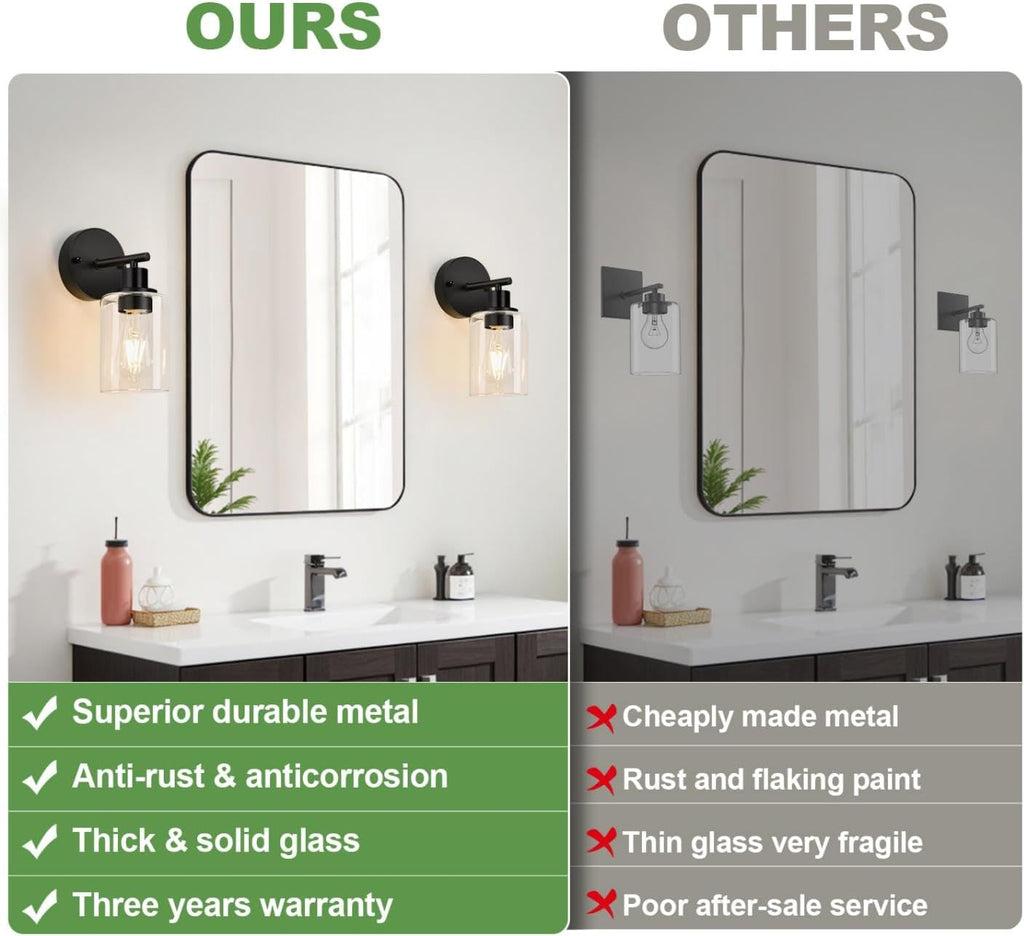 Set of 2 Wall Sconces ,Black Modern Vanity Lights with Clear Glass Shade,Bathroom Wall Lamp for Mirror Kitchen Living