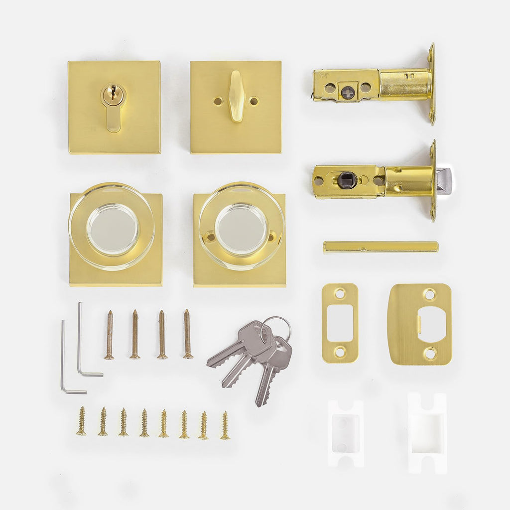 Single Cylinder Deadbolt and Crystal Glass Passage Door Knob Combo Set, Satin Brass Finish