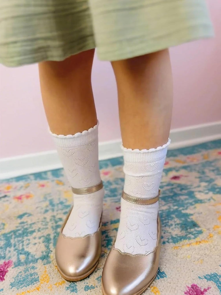 Kids Girls White Dressy Textured Thin Socks Scallop Top 5 Pack