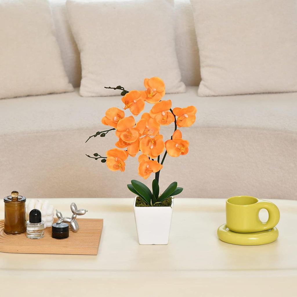 15" Silk Phalaenopsis Orchid in Square Pot, Orange Flower Plant Arrangement