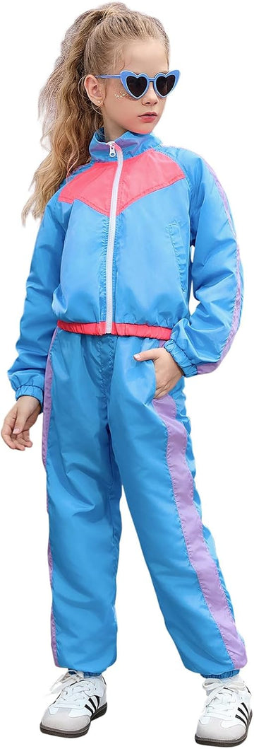 Girls' Clothing Sets 2 Piece 80s 90s Outfits Neon Jacket Pants Hip Hop Dance Outfits for Girls Tracksuit Set