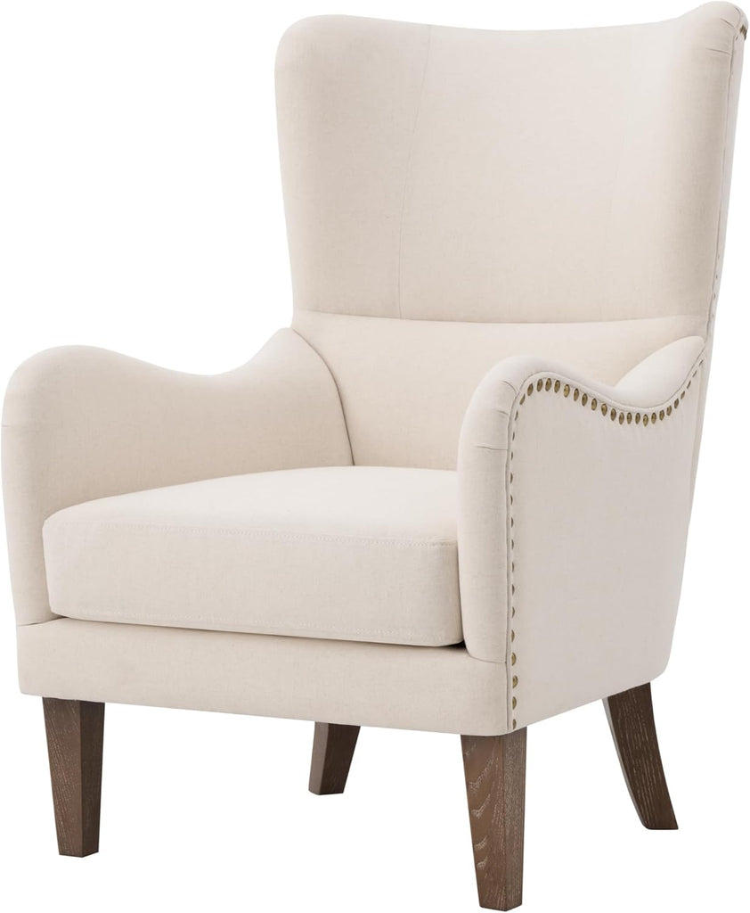 Modern Wingback Accent Chair, Linen Upholstered Armchair with Solid Ash Wood Legs and Nailhead Trim, High Back Living