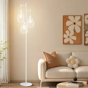 Dimmable Floor Lamp, 3 x 800LM LED Edison Bulbs Included, Floor Lamp Standing Lamp with Elegant Teardrop Cage Heads