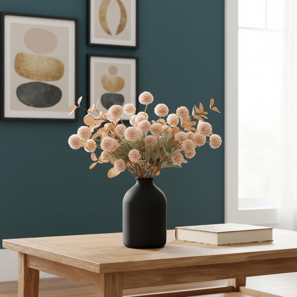 Artificial Flowers for Vase - 12 Stems Beige Faux Silk Mums with Eucalyptus - Set of 12