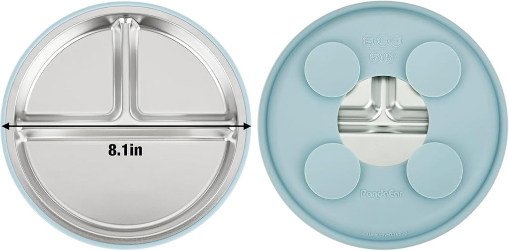 In-1 Stainless Steel Baby Feeding Set | Divided Suction Plate, Bowl, Sippy Cup with Straw, Bib, Spoon & Fork