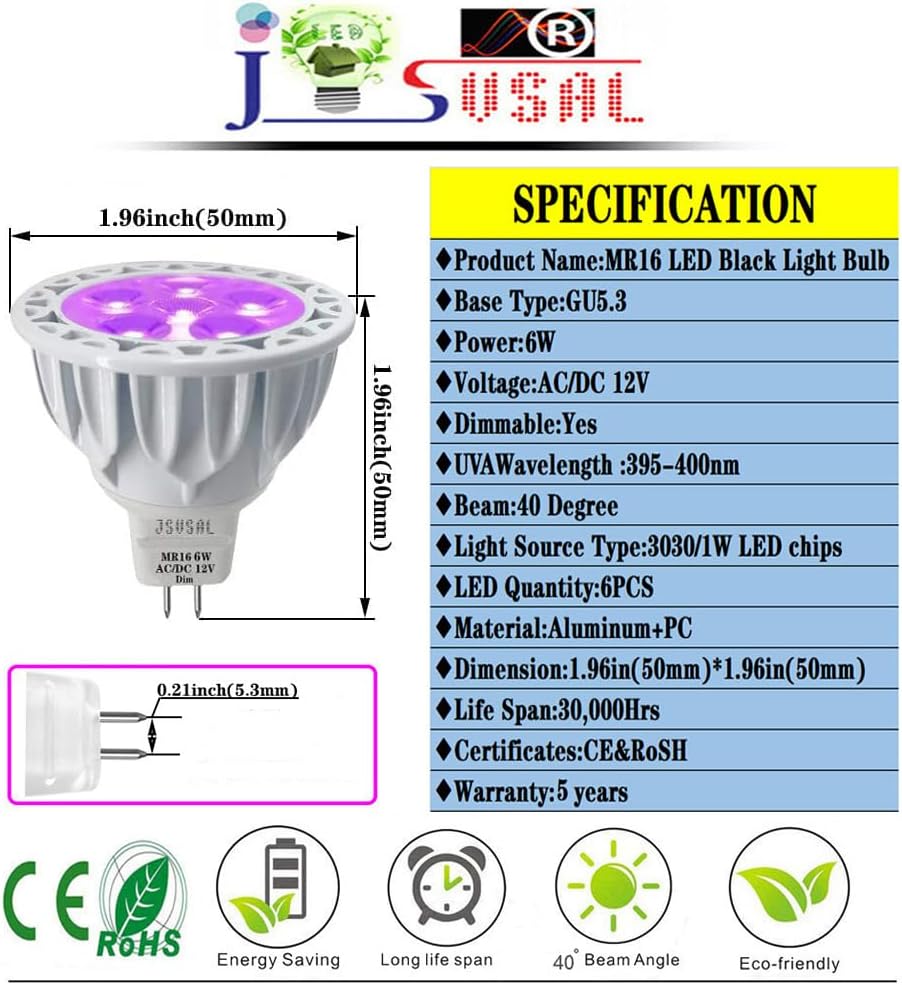 LED Blacklight Bulbs,12V MR16 GU5.3 Base,Wavelength 395-400nm,4-Pack