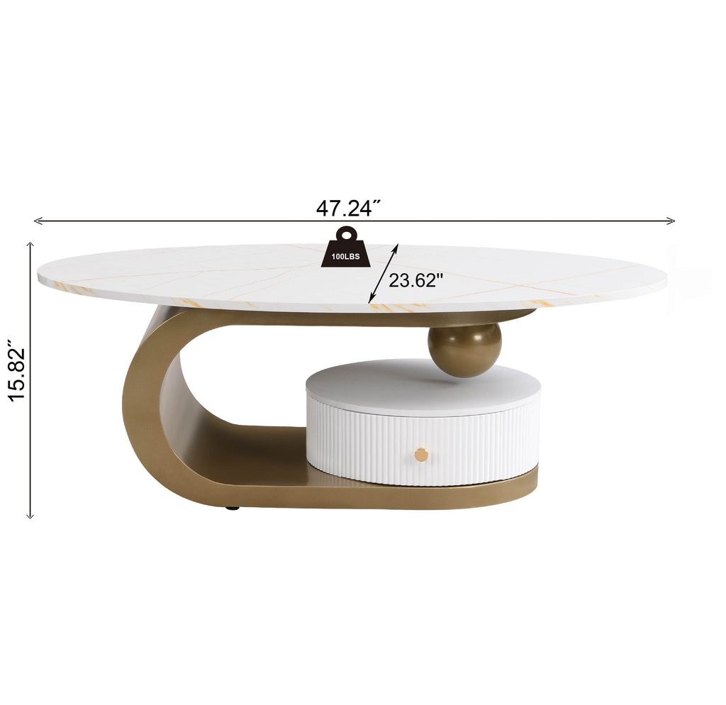 2 Piece Nesting Coffee Set, Oval Coffee with Storage Drawer, Small Round End Side, White Faux Marble Tabletop with