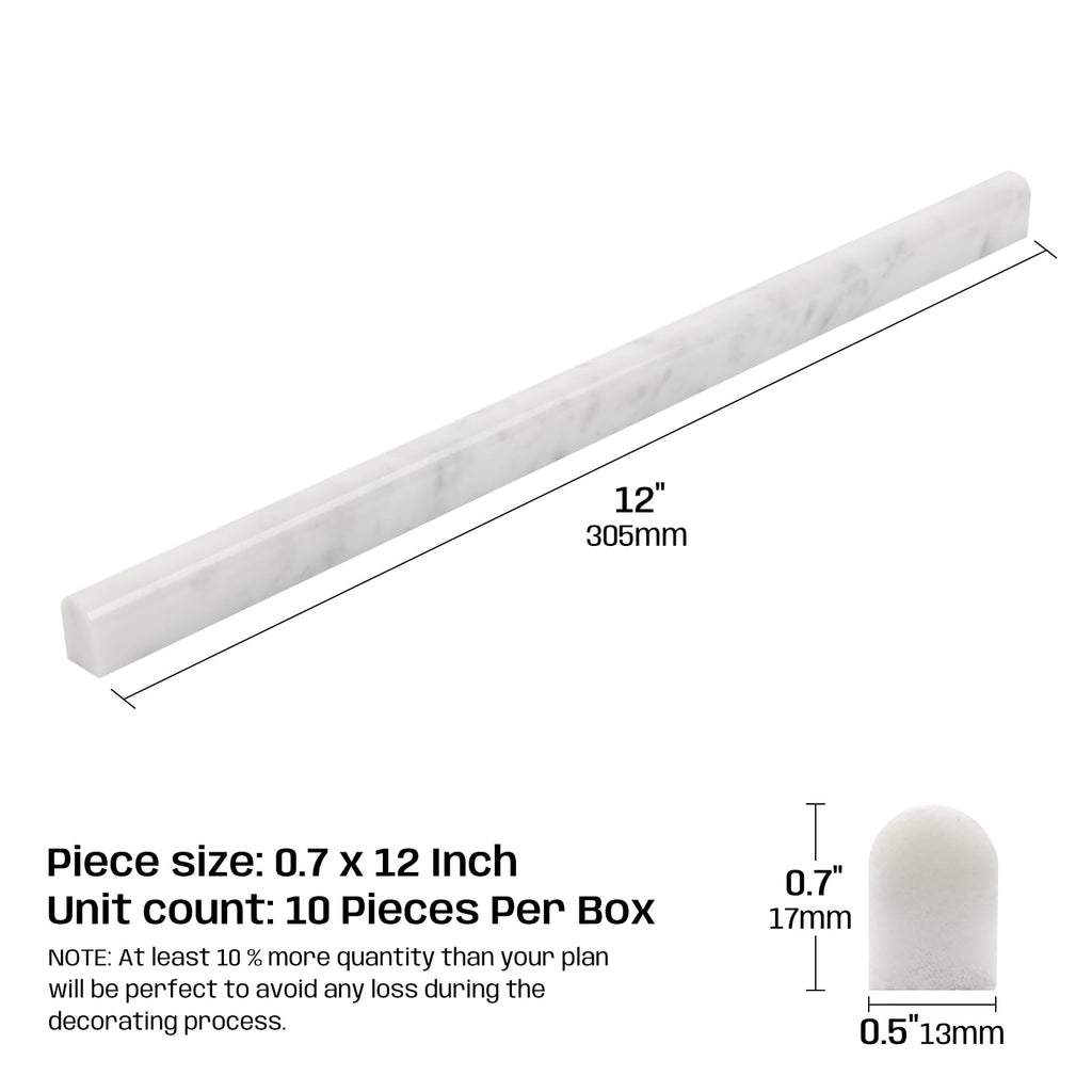 Carrara White Marble Pencil Trim Liner, 1/2"x12" Bullnose Tile Edge, 10 Pcs