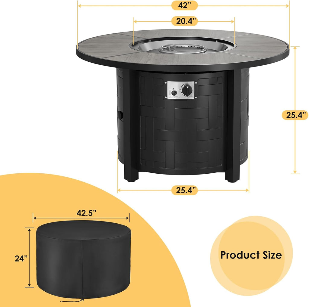 42-Inch Round Propane Fire Pit Table, 50,000 BTU, Gray | Round Gas Fire Table with Blue Fire Glass; Lid Restores