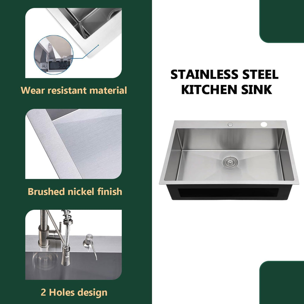 33 x 22 inch Drop in, 33 inch Topmount Stainless Steel Sink, 18 Gauge T304 Single Bowl Kitchen With Strainer