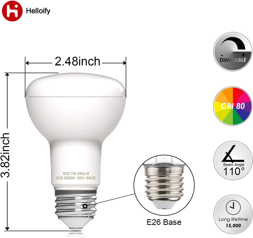 Dimmable R20/BR20 LED Flood Light Bulb, 7W, 50W Equivalent, 5000K Daylight White, 600lm Each, Energy Saving Lamp