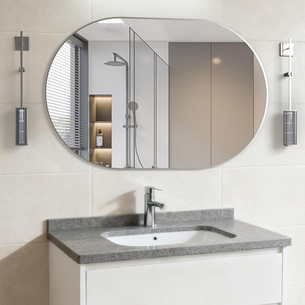 Oval Bathroom Capsule Wall Vanity, 24"x36" Pill Mirrors Wall Mounted, Large Modern with Silver Metal Frame, Decor