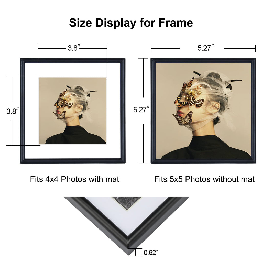 5x5 Black Picture Frames 4Pack, Fits 4x4 Mat, Tabletop & Wall
