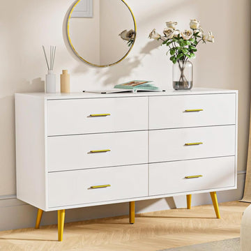White 6 Drawer Dresser, 47" Wood Dresser with Gold Handles.
