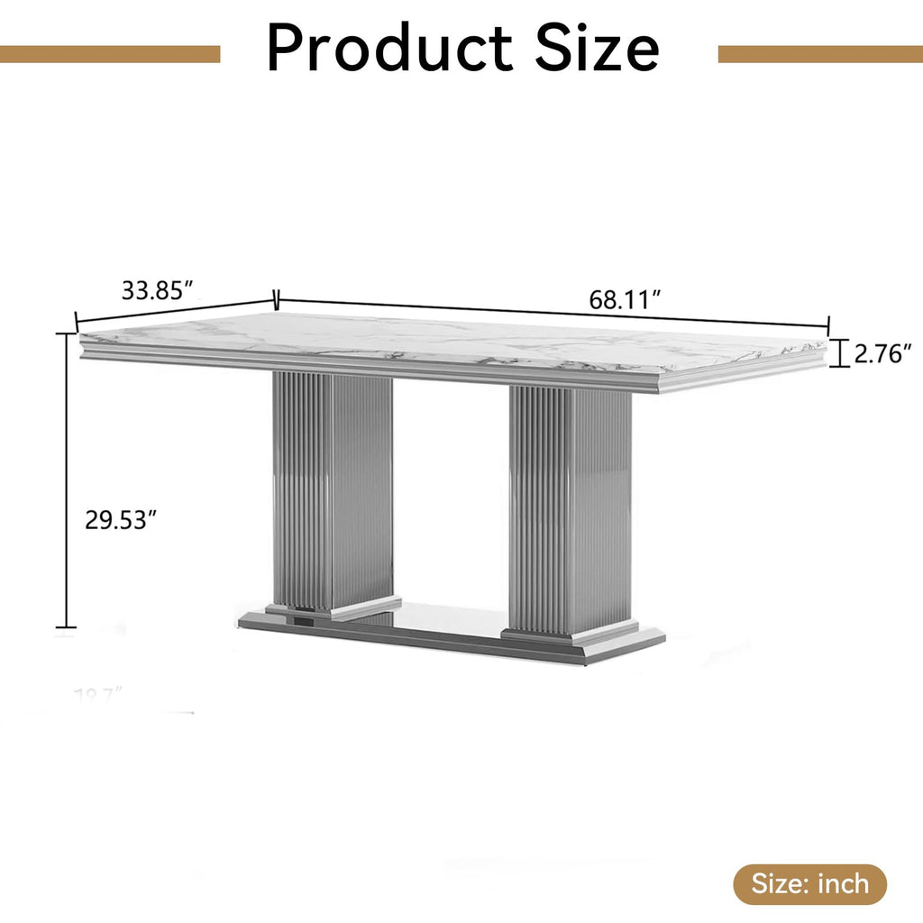 68'' Modern Faux Marble Dining Table for 4, Dual Pillar Silver Stainless Steel Pedestal, White Kitchen Table for 6